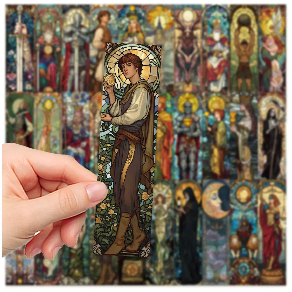 Set of 30 colourful painted glass tarot design paper bookmarks in a cute homemade style.
