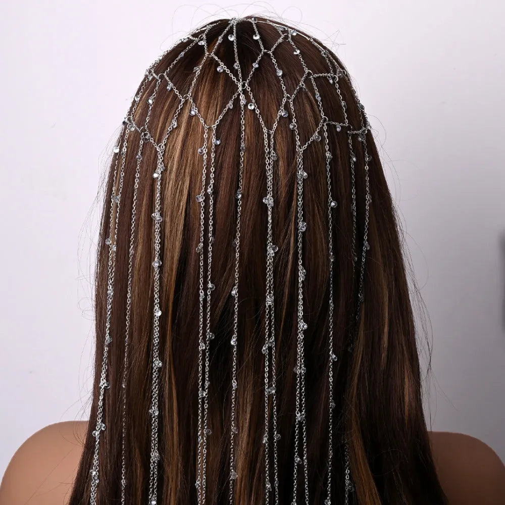 Gold rhinestone and mesh tassel headband for women