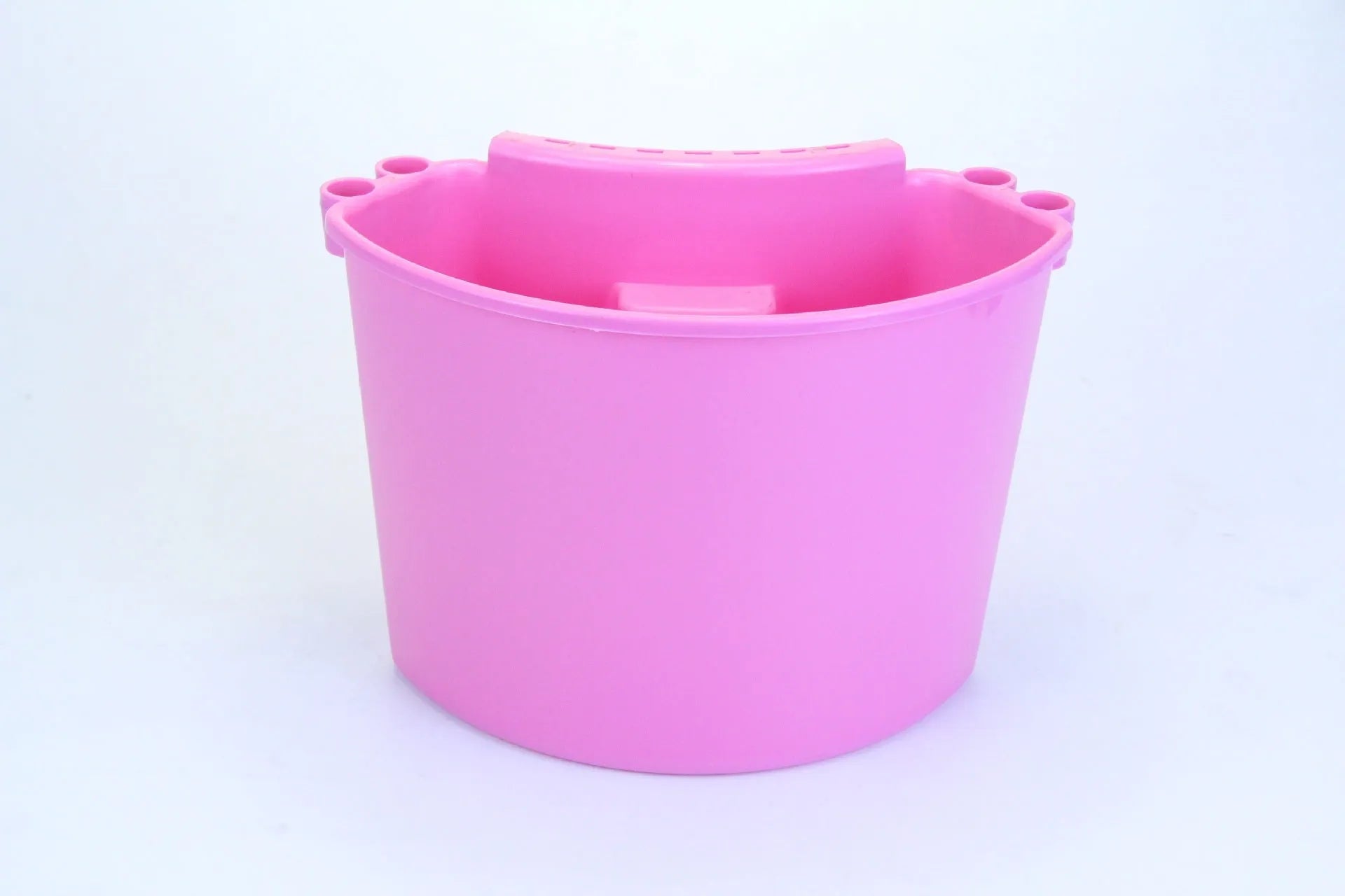 A coloured plastic car wash bucket with a side handle, shown for vehicle cleaning.