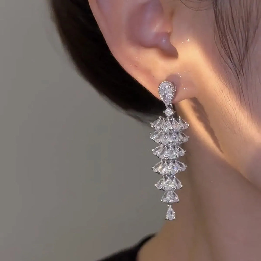 Silver pagoda colour Christmas tree drop earrings with sparkling zircon crystals and stud backs