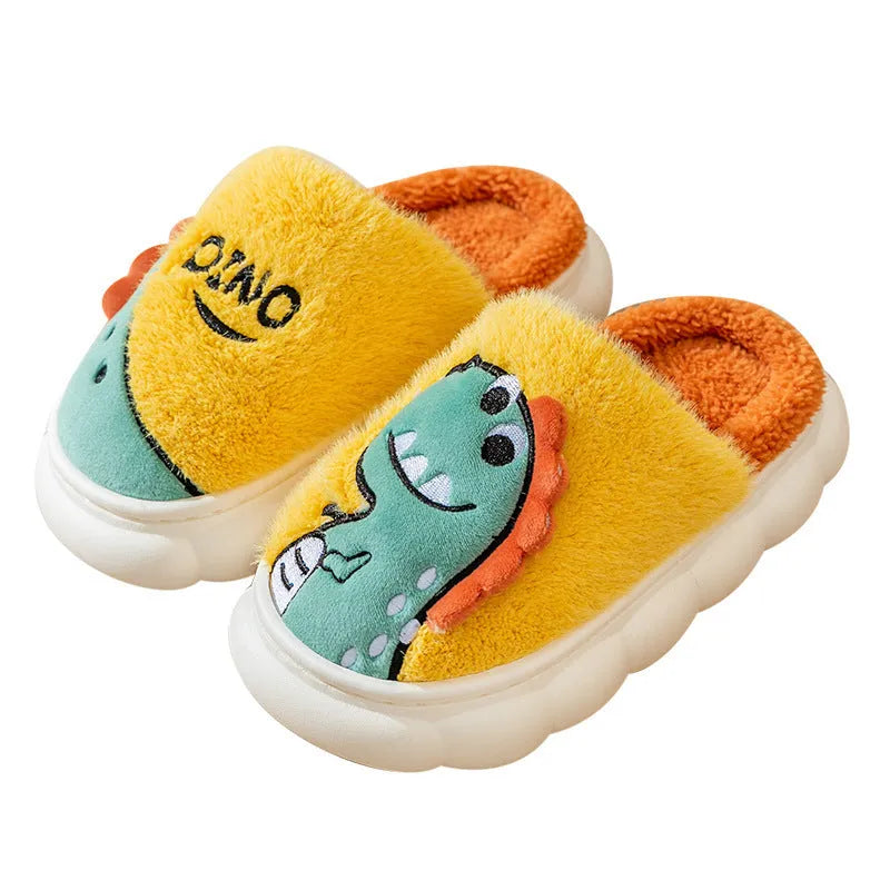Cotton plush couple slippers with dinosaur print in grey, coffee, or orange, showing thickened pile fabric