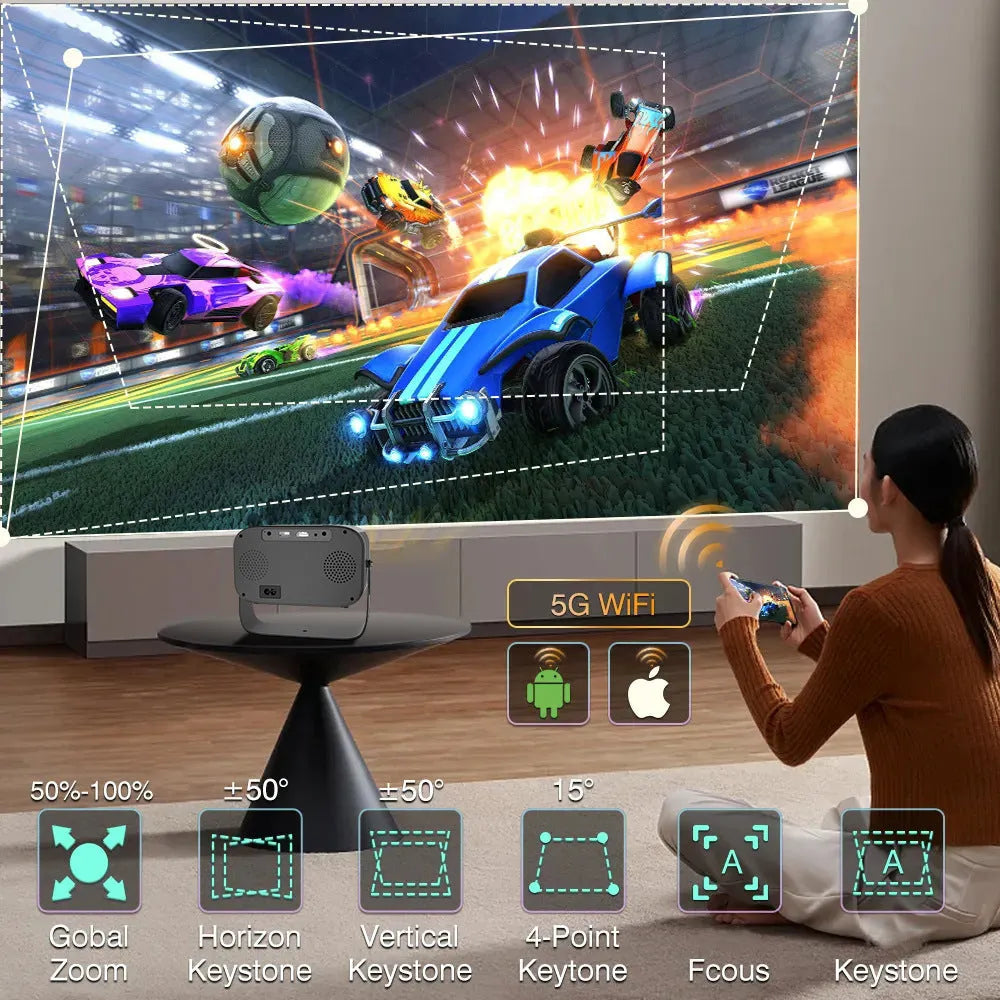 Black portable HD smart projector with remote control on table