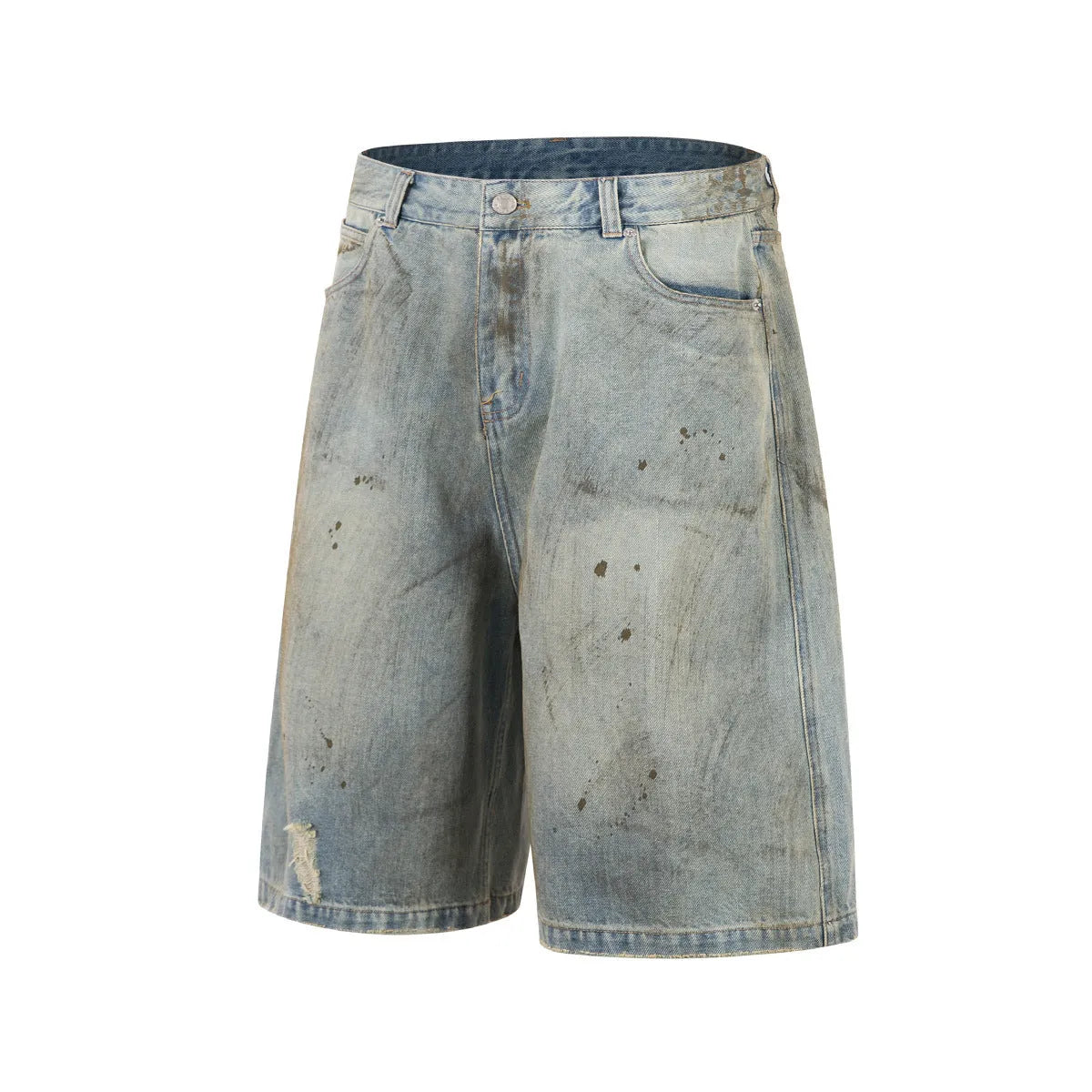 Straight-leg washed blue denim trousers with zipper fly and cropped middle pants length