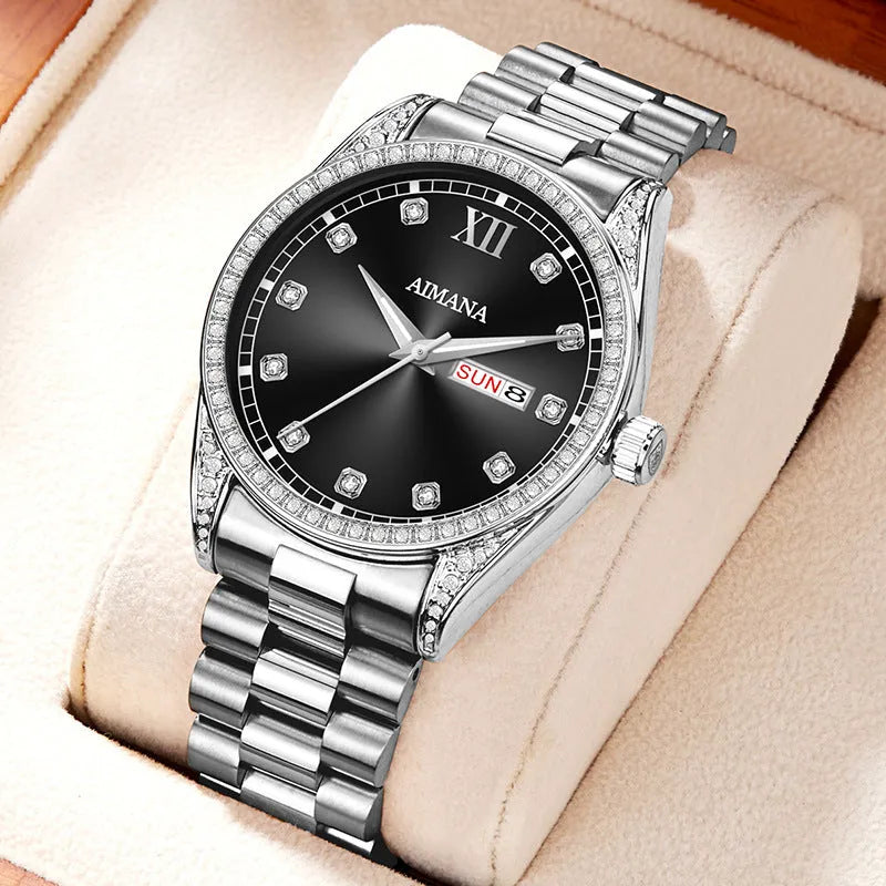 Log Series silver case quartz women's watch with diamond disc dial and steel strip bracelet