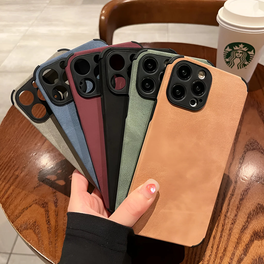 Simple solid colour fur phone case with imitation leather texture for iPhone fall prevention, available in black, blue, and green