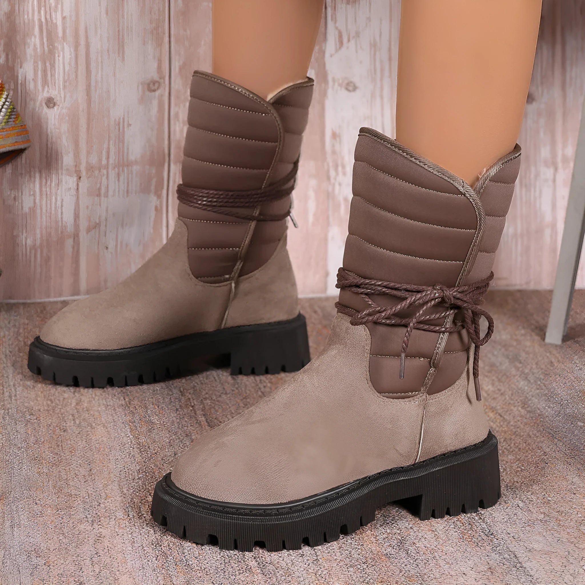 Women's chunky heel snow boots in suede with fleece lining and lace-up design
