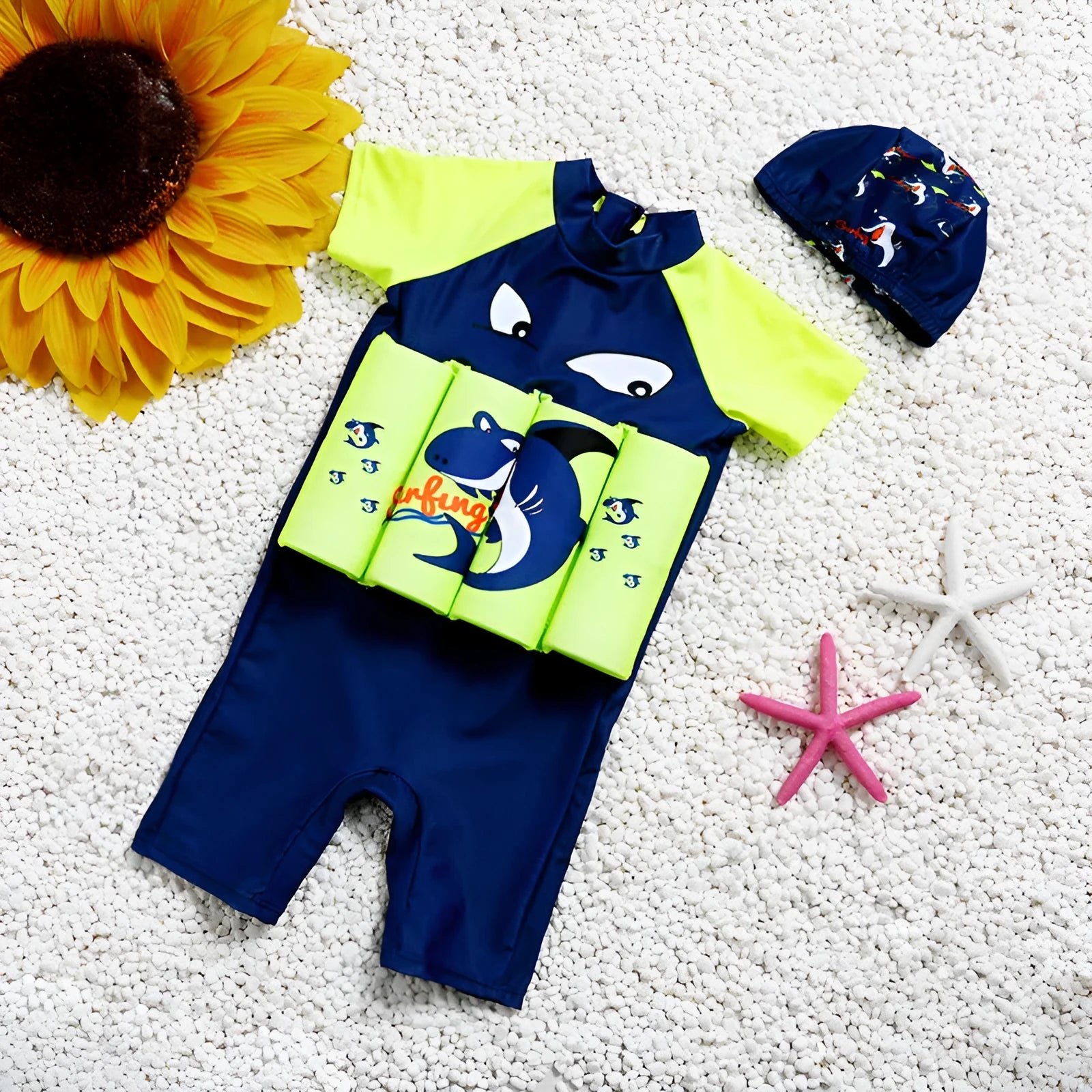 Shark Boy plaid design buoyancy swimsuit for children with sun protection and one-piece floating support