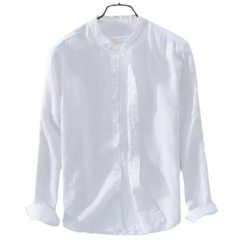 Loose fit men's long sleeve cotton linen shirt in solid dark blue, gray, khaki, light blue, and white colours