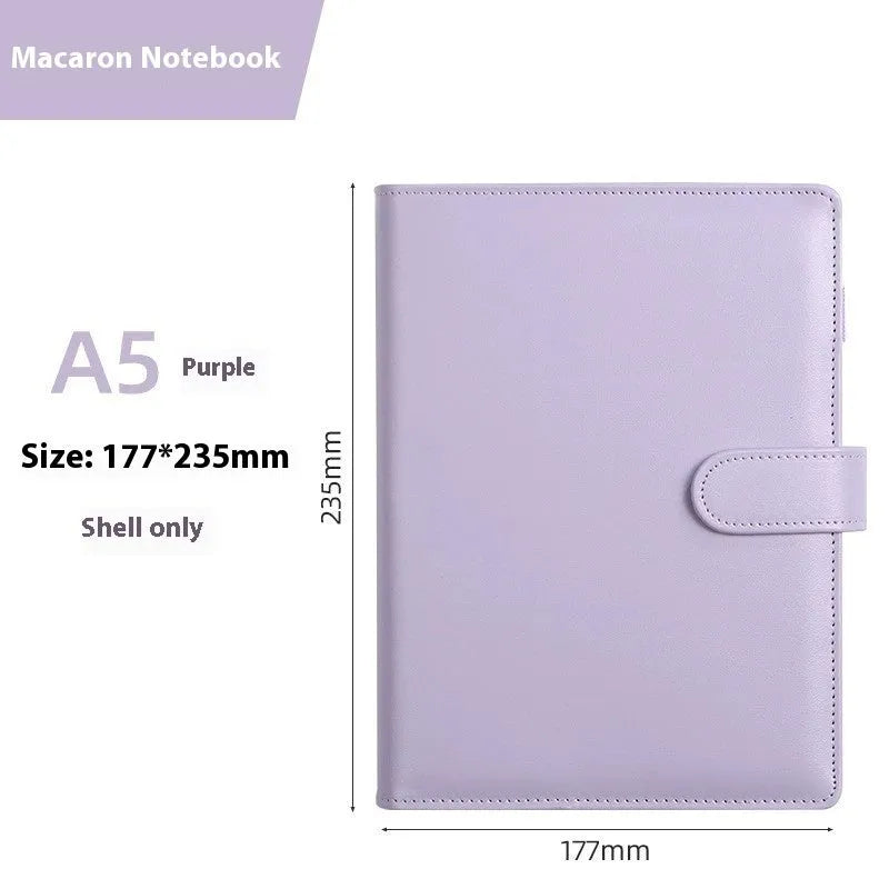 A5 solid colour PU leather notebook binder shell with a zipper, shown in various colours.