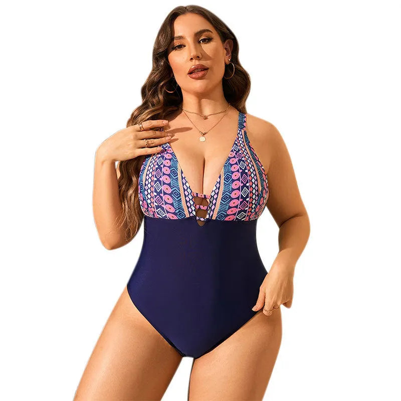 Leopard print plus size one-piece swimsuit for women with V-neck and conservative cover belly design.