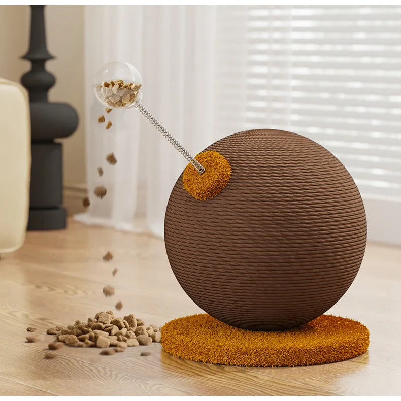 Hemp rope cat scratch board in large and small sizes with tumbler or grasping ball design.