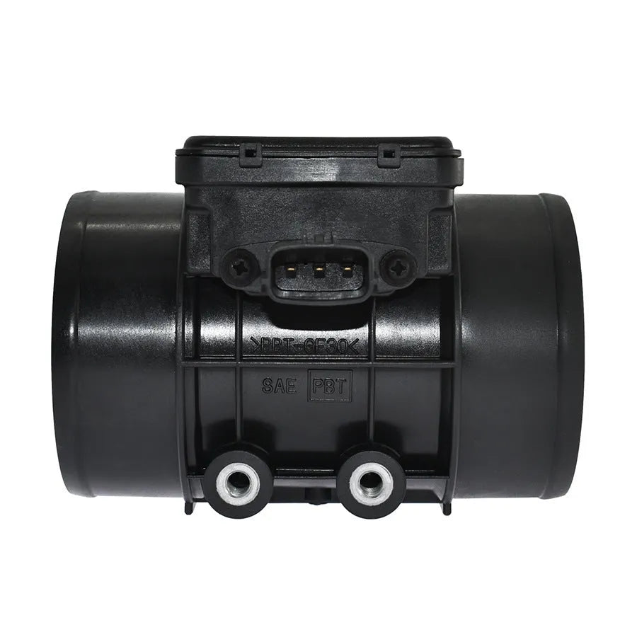 Black plastic automotive air flow meter with standard specifications for engine intake measurement