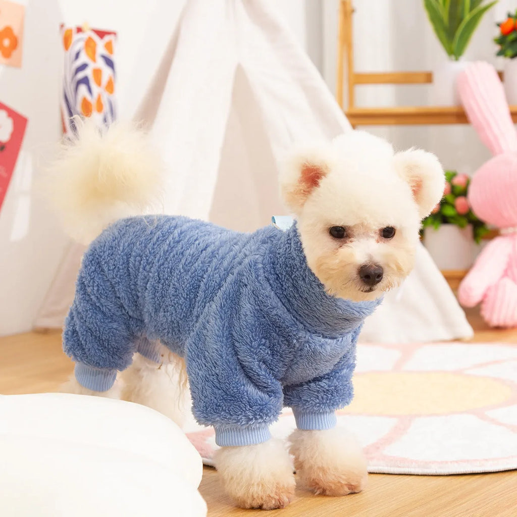 Four-legged dog clothing in blue with high collar and thick double-sided plush material for autumn and winter wear