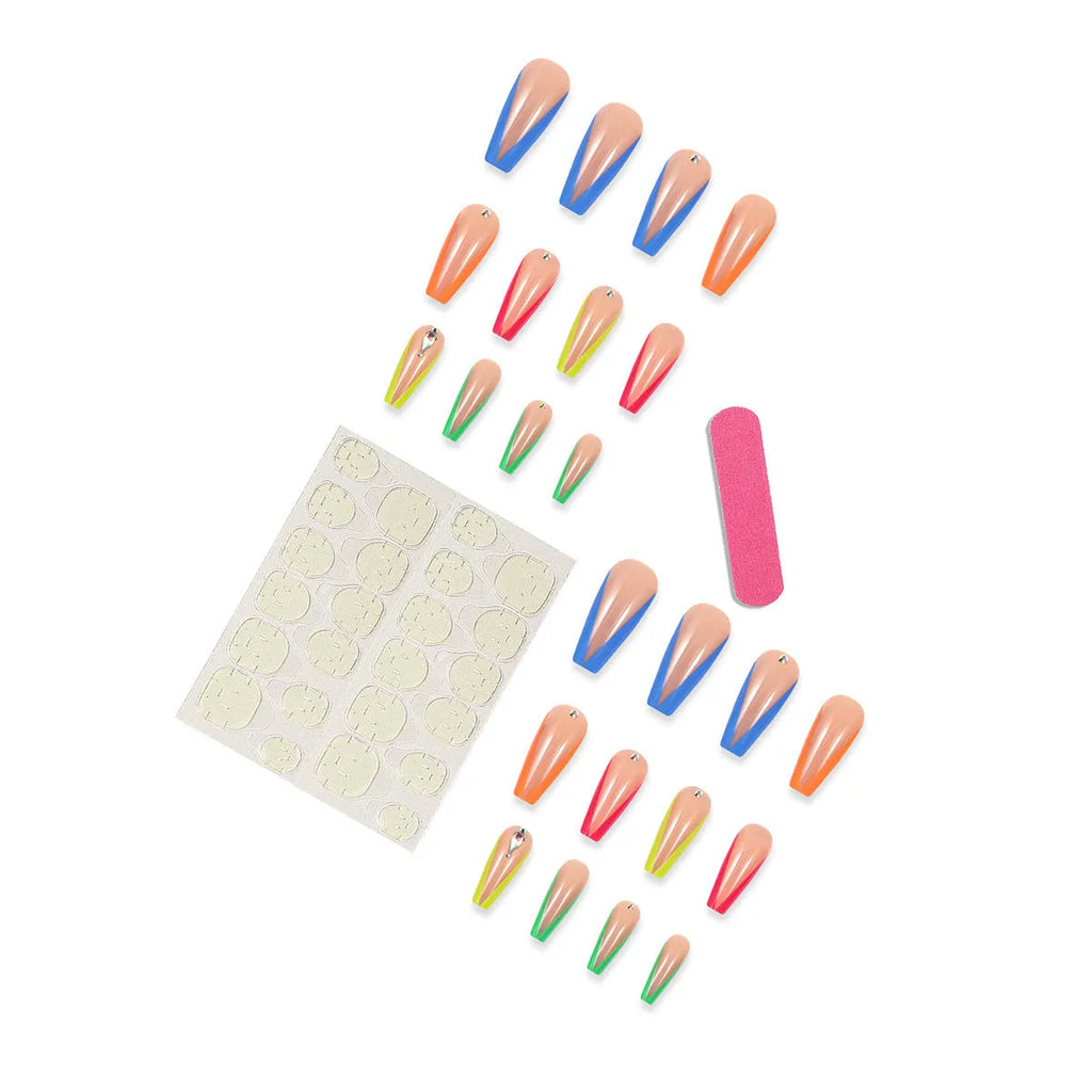 Detachable nail tip kit in diamond colour French style with cartoon heart patterns, includes jelly glue and filing strip.