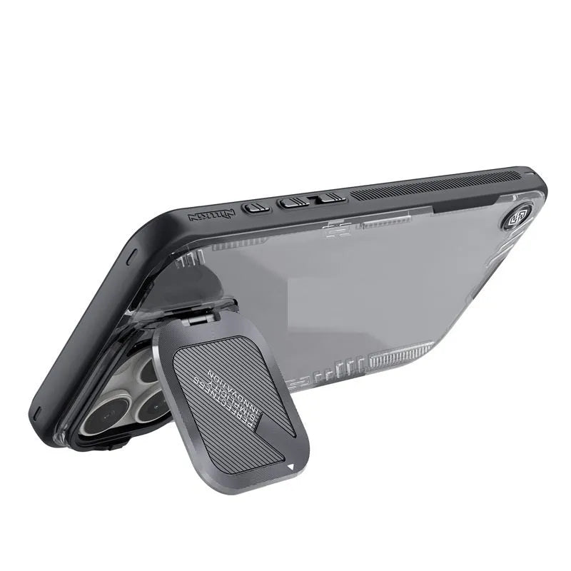 Ice phone case with lens cap bracket for iPhone 16 Pro Max in black covered version