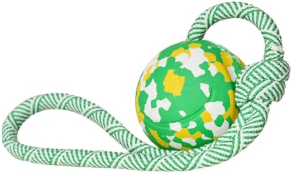 Natural rubber dog ball attached to a blue nylon rope for interactive fetch and tug toy