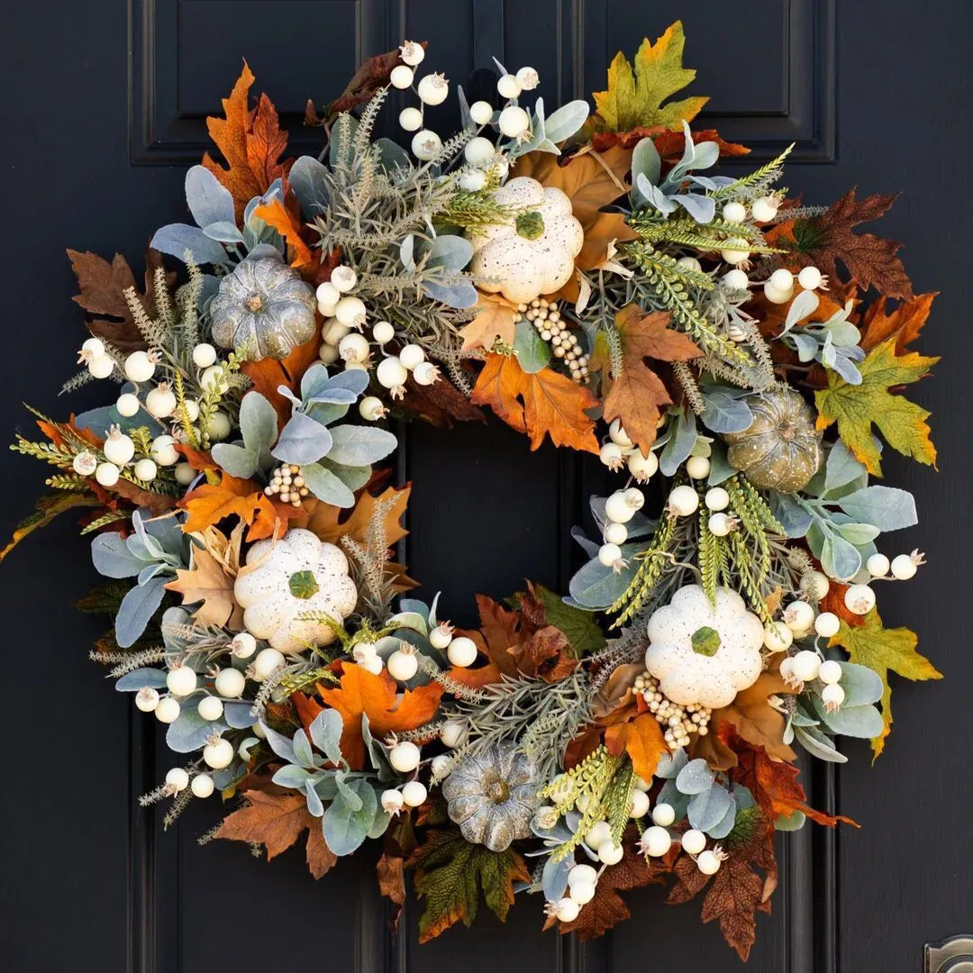 Autumn pumpkin wreath on door with simulation frost leaves and rattan ring, 45x45cm size