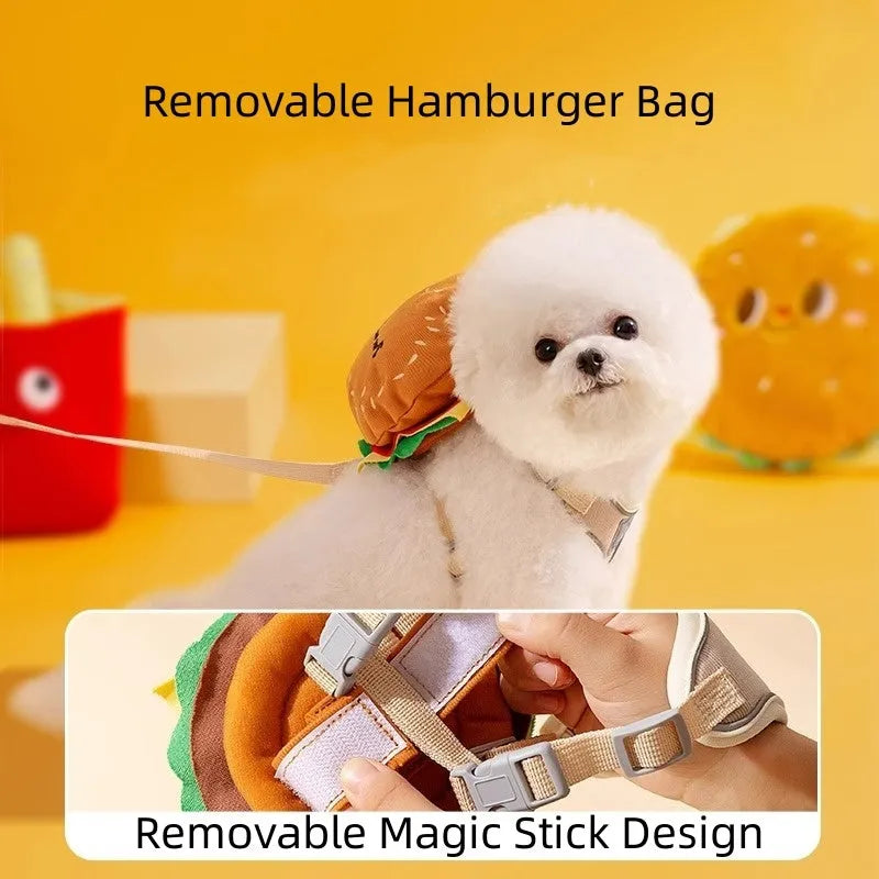 Cartoon hamburger design adjustable vest leash rope for dogs and cats with backpack compartment