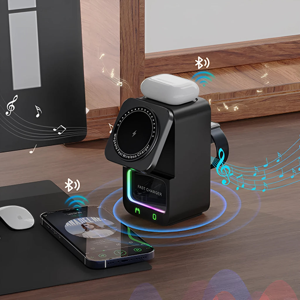 White and black Bluetooth speaker wireless charging station with 23W fast charging capability