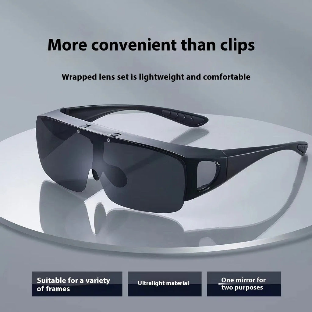 Polarised one-piece sunglasses for myopia with multiple lens options including black, grey, dark green, and night vision.