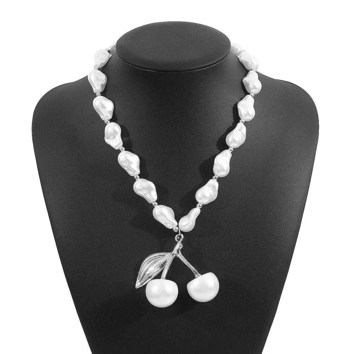 Creative pearl cherry fruit necklace for women with geometric pendant and adjustable length