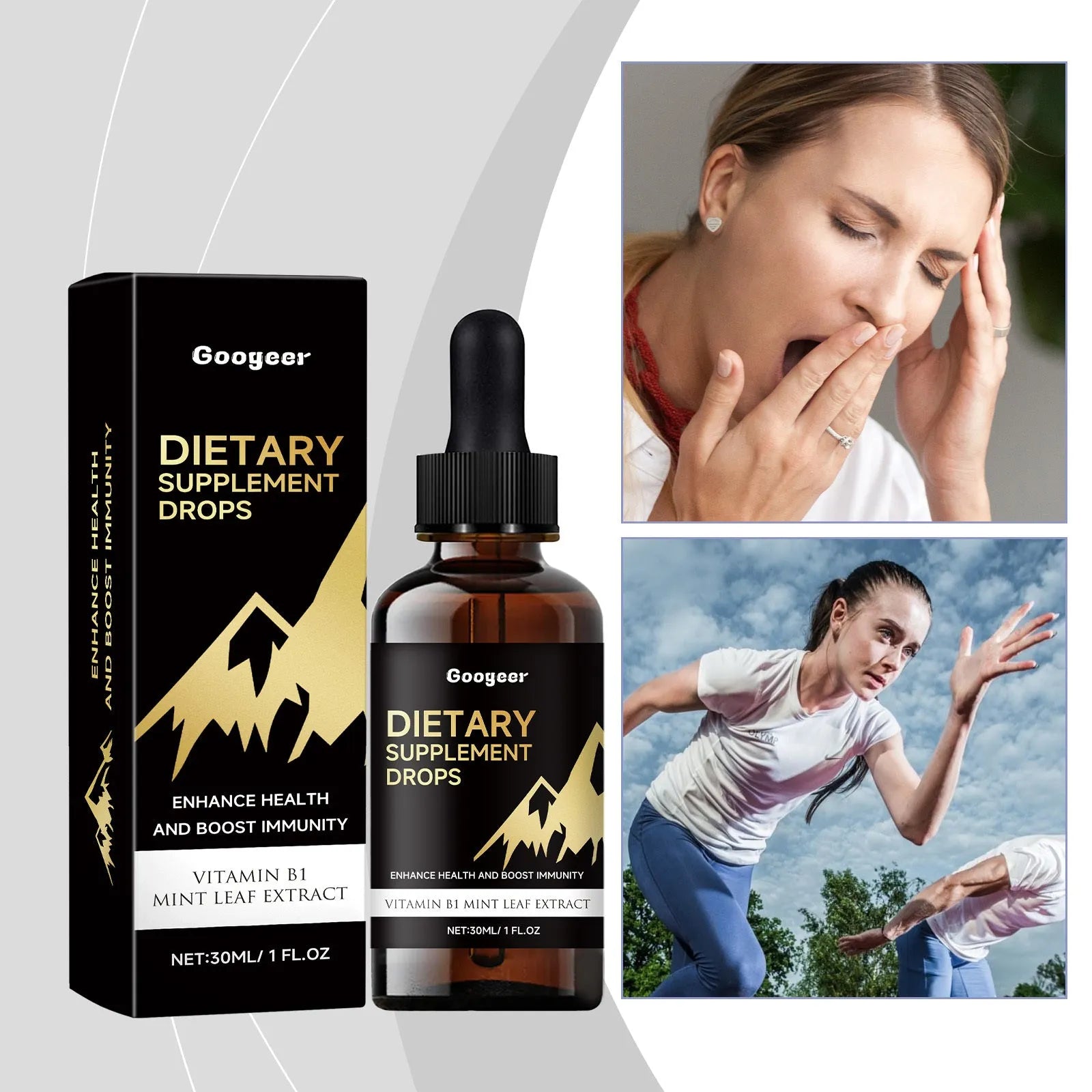 30ml bottle of clear dietary supplement drops with a dosage dropper on a white background.