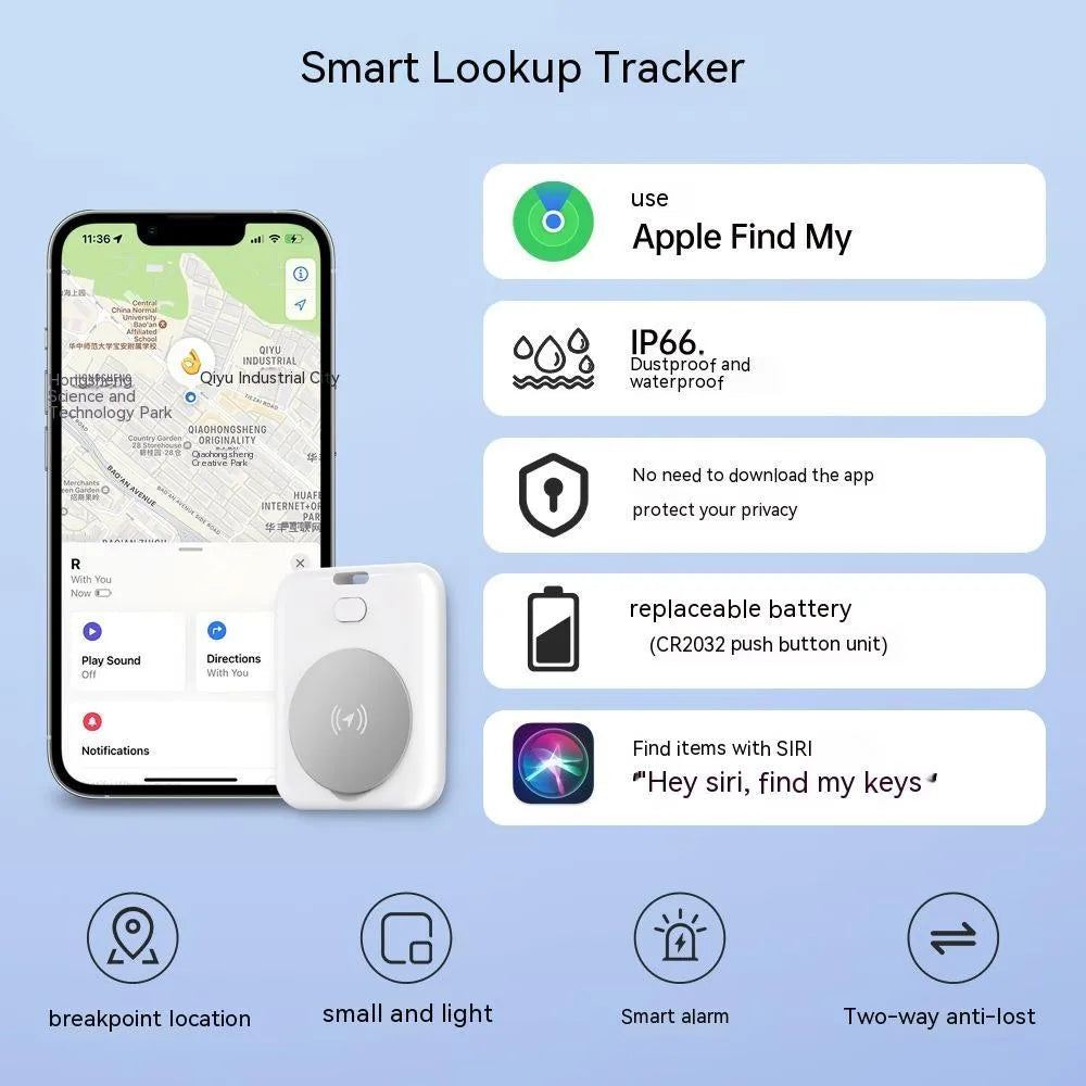 White ABS plastic pet tracking device with portable wearing attachment for Apple devices