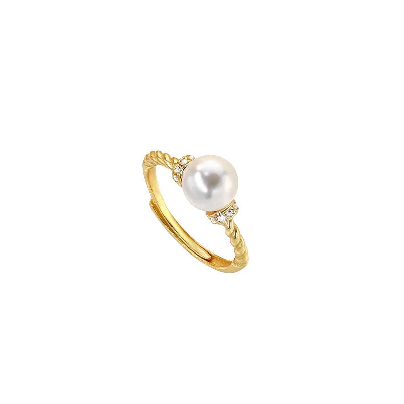 Adjustable copper antique twist pearl ring with geometric design in gold finish