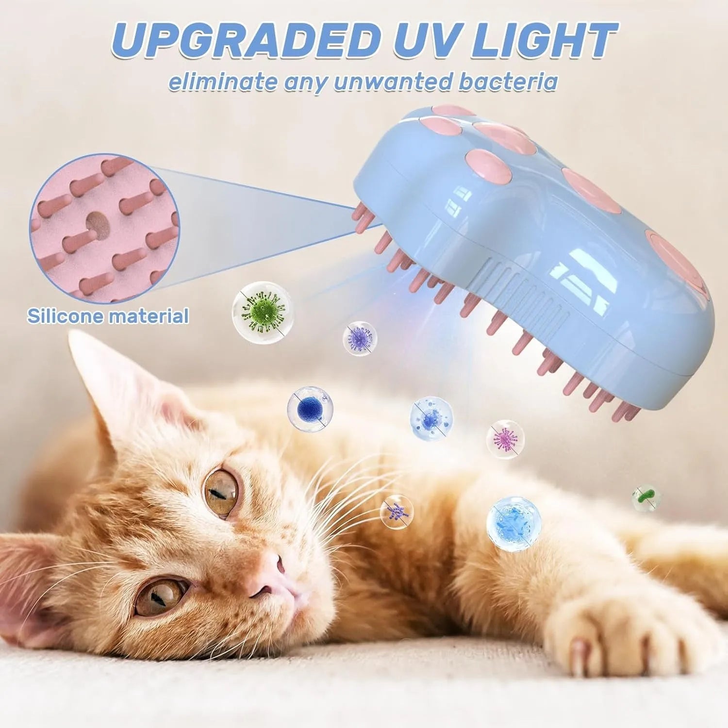 Self-cleaning cat steam brush with silicone head and release button in blue, green or pink