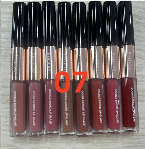 C-L021 double-head non-stick cup lip gloss showing two applicator tips and available in 8 colour shades.