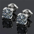 Women's geometric moissanite stud earrings with screw back fastening and four claw setting