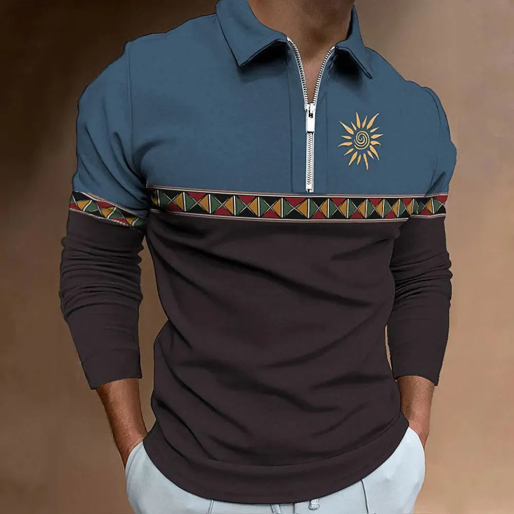 Men's loose-fit long-sleeve t-shirt with retro colour printing and zip decorations on sleeve