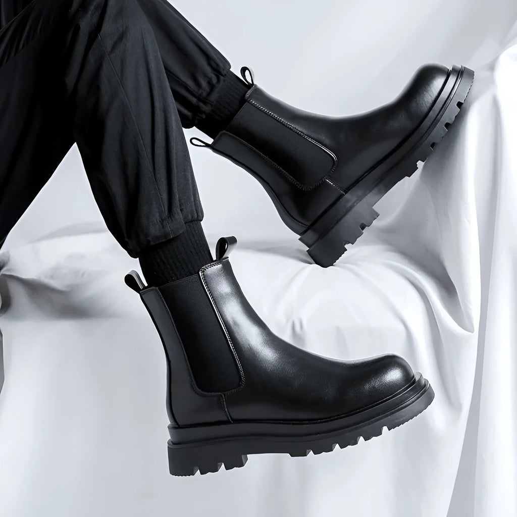 Chelsea men's high-top smoke pipe British Martin boots in Y666 black artificial PU leather with round toe and rubber sole.