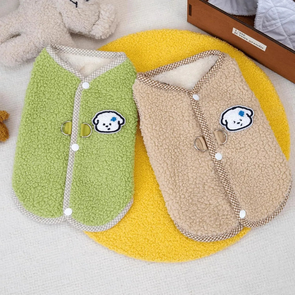 Green thickened coral fleece dog vest with a leash ring on the back, sized for a small dog.