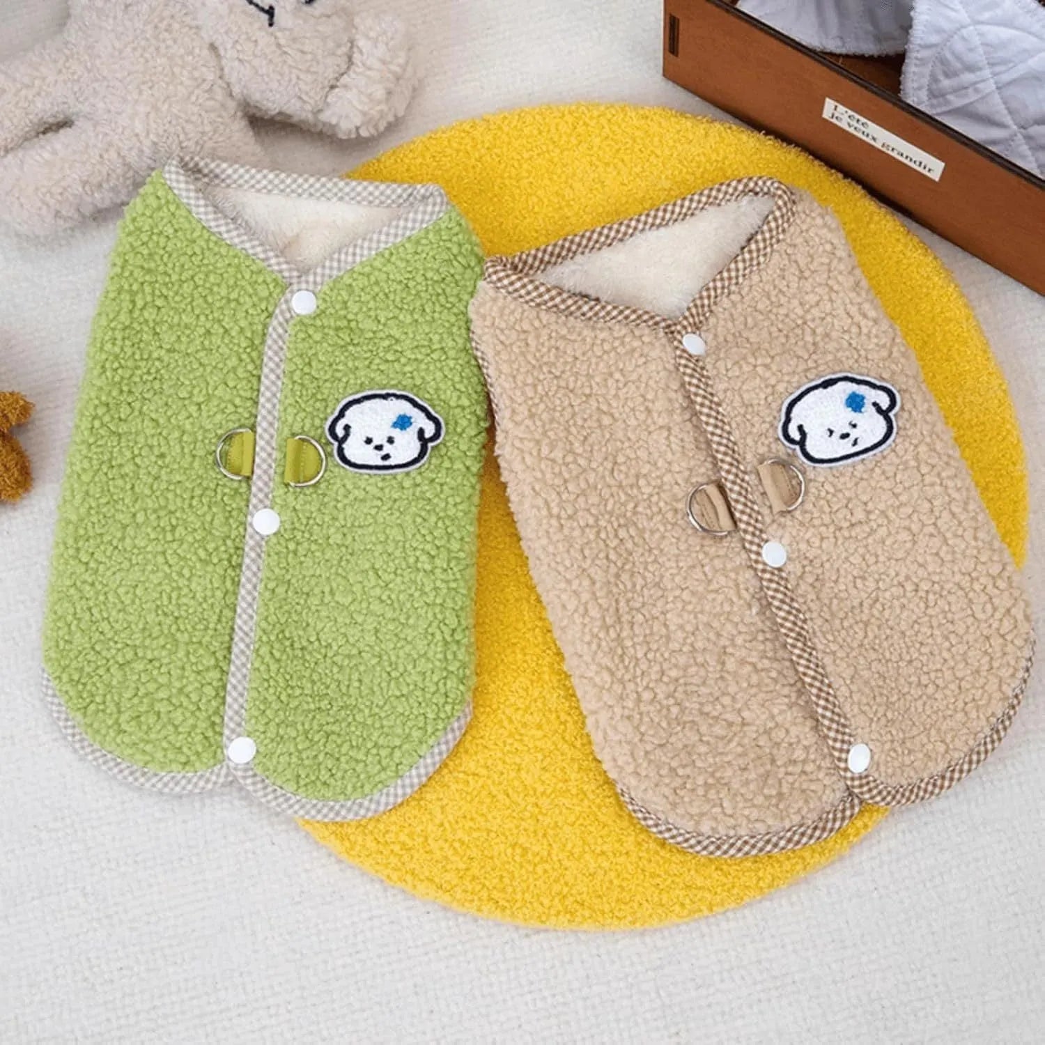 Green thickened coral fleece dog vest with a leash ring on the back, sized for a small dog.