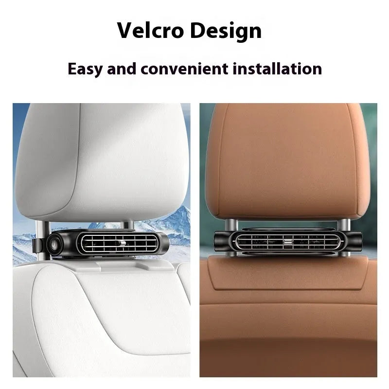 USB car fan in black, white, or beige with brushless motor and three speed buttons