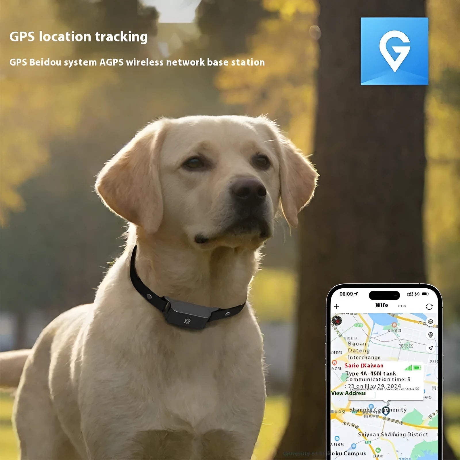 Pet GPS tracking collar locator in compact rectangular shape with ABS PC casing on a dog collar