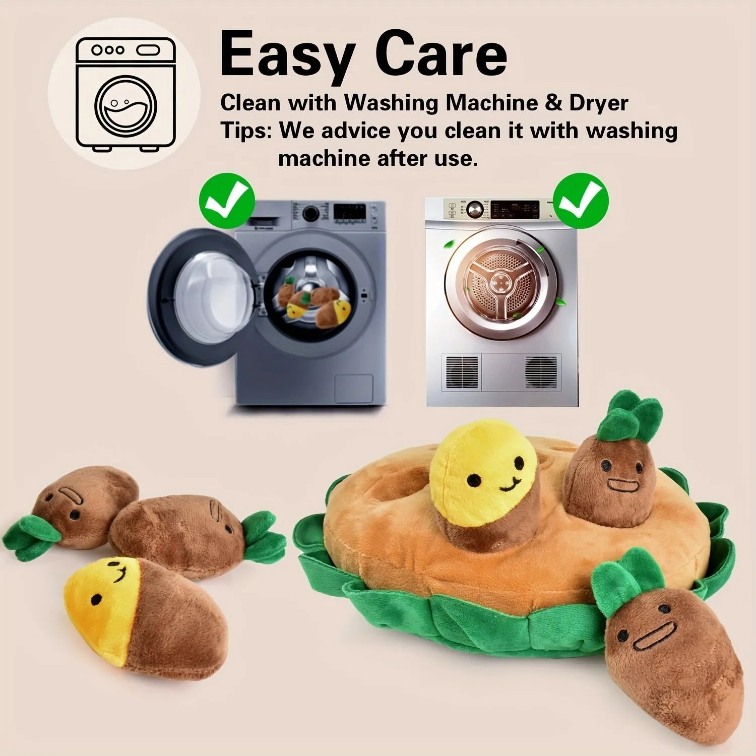 Yellow interactive dog puzzle toys with removable squeaky plush on polyester foraging mats