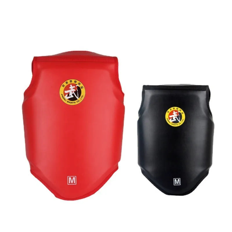 Red boxing helmet with integrated chest protector for fighting training