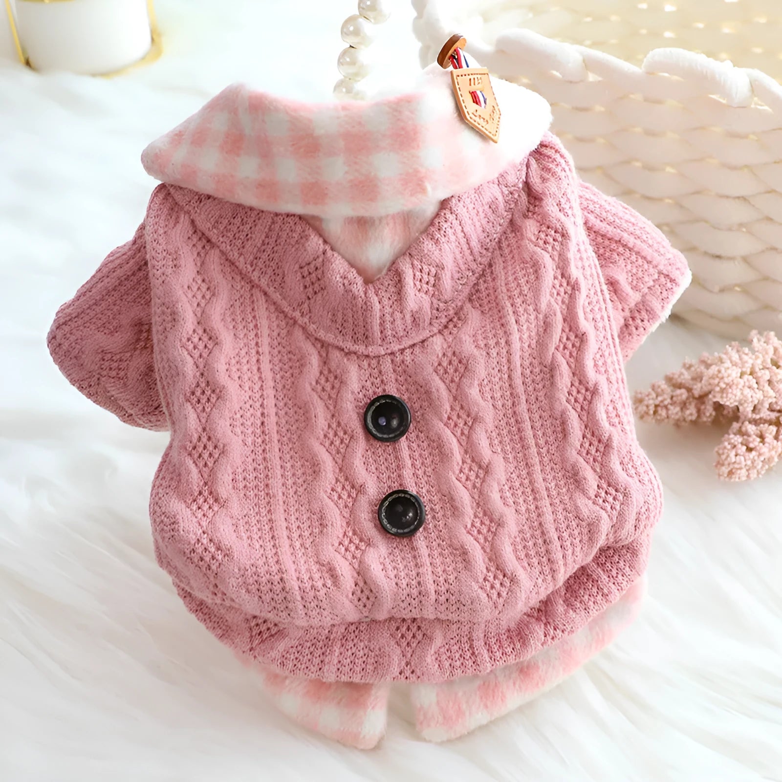 Blue wool plaid dog sweater with fake two pieces design and fleece lining for indoor warmth