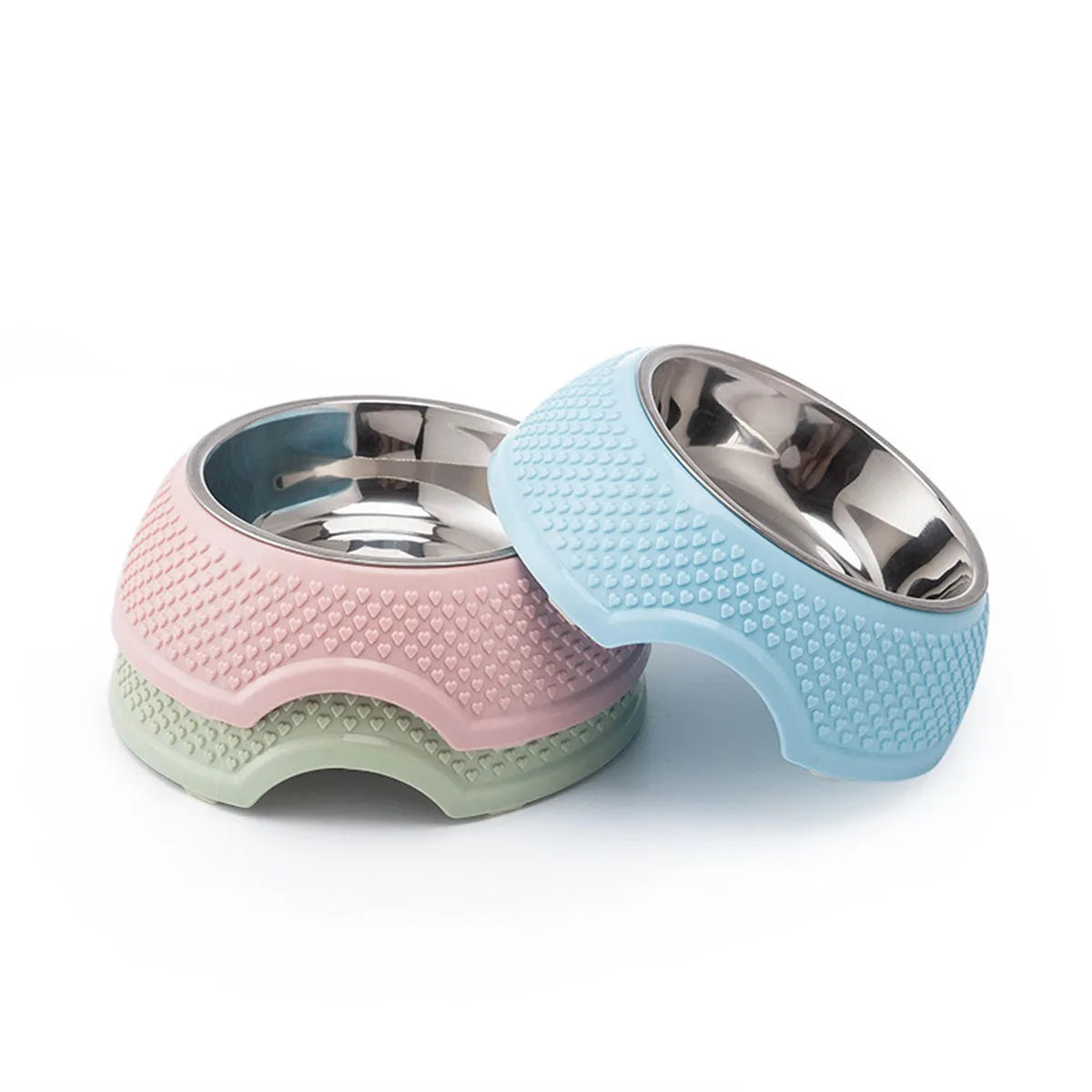 Blue stainless steel pet bowl with non-slip base on a floor
