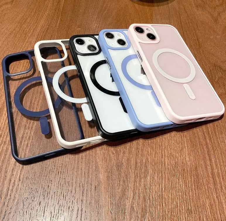 Transparent acrylic Magsafe phone case for iPhone with magnetic ring, shown in multiple colour options