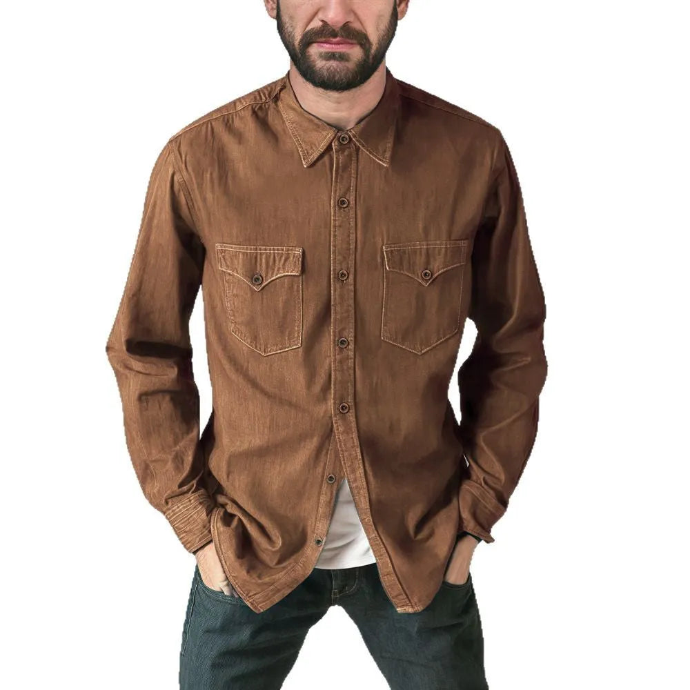 Men's cotton denim cardigan coat shown in khaki, black, blue, and grey colour options.