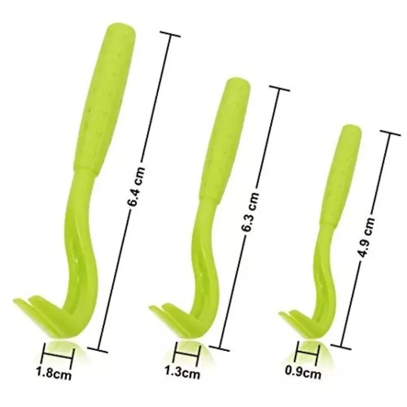 Set of three blue plastic tick removal hooks for dogs and cats on a white background.