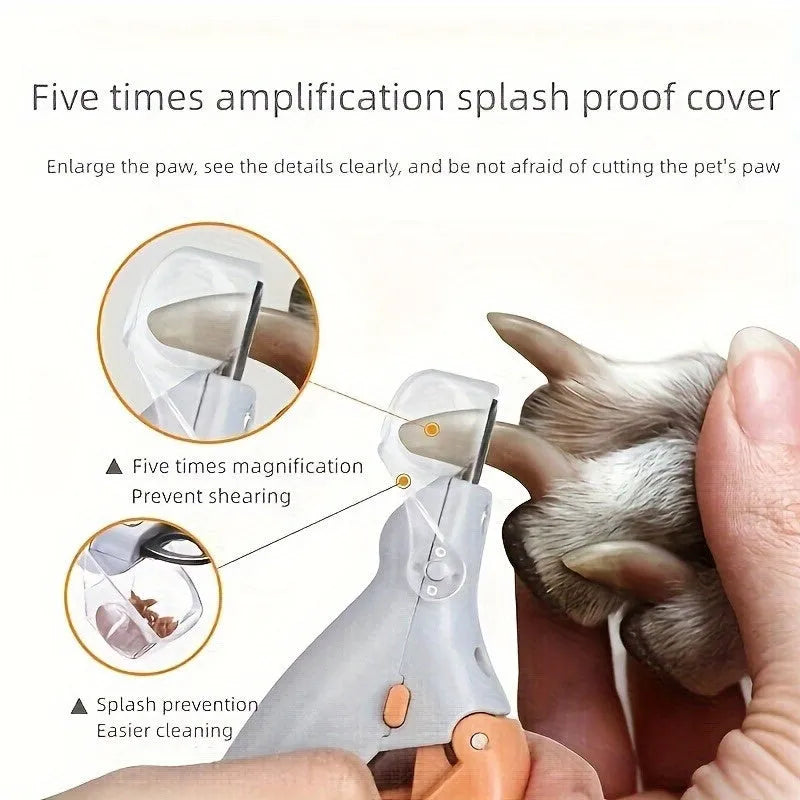Yellow pet nail trimmer with LED lights, magnifying glass, and steel blades for trimming cat and dog nails