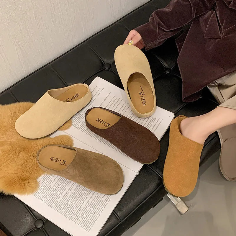 Korean style square toe slip-on slippers in apricot microfibre with a flat PU sole