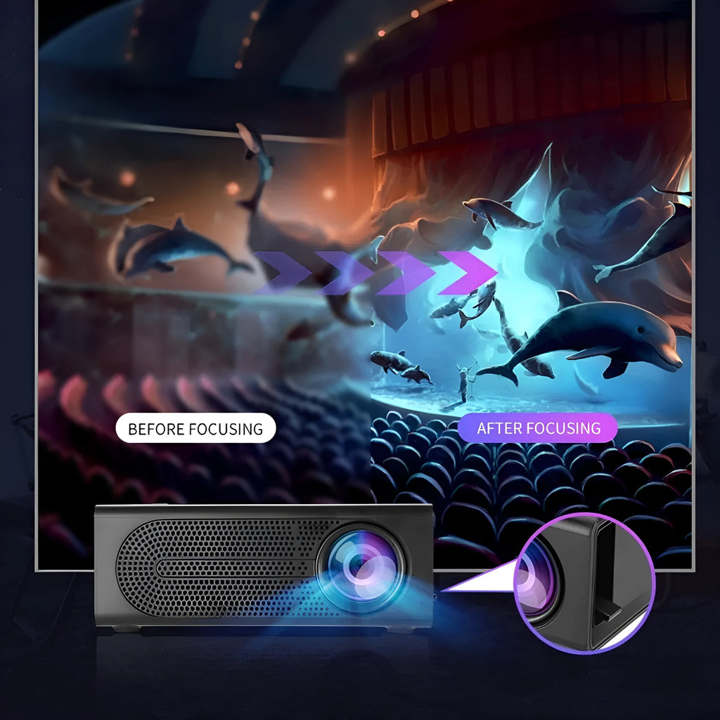 Black portable mini projector with wired mobile phone connection and international power plugs