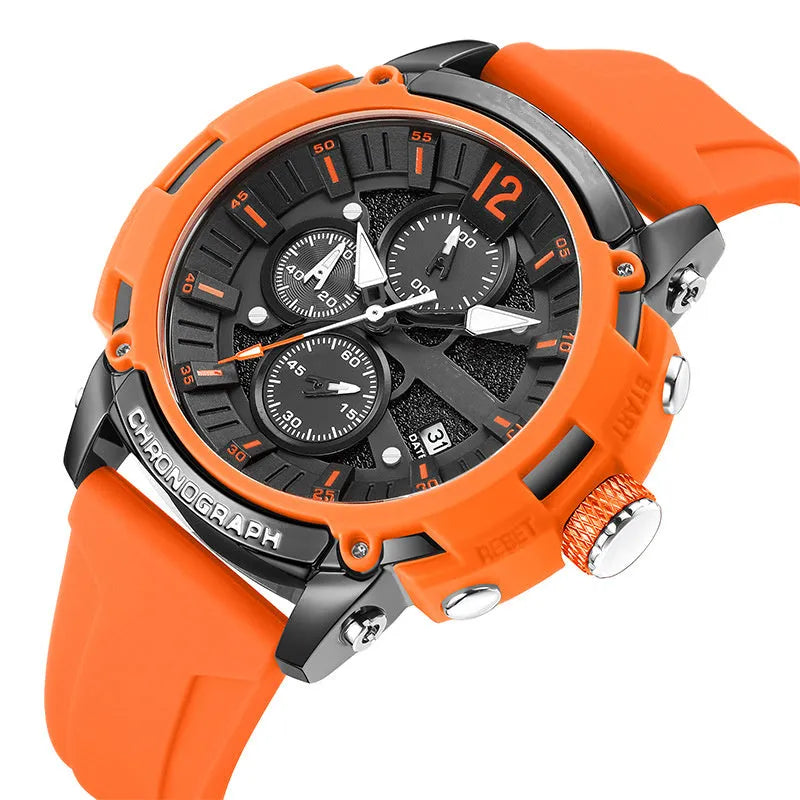 Men's black digital watch with luminous dial and calendar display on wrist