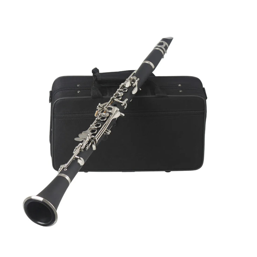 Black Bakelite beginner clarinet with nickel keys and included instrument bag