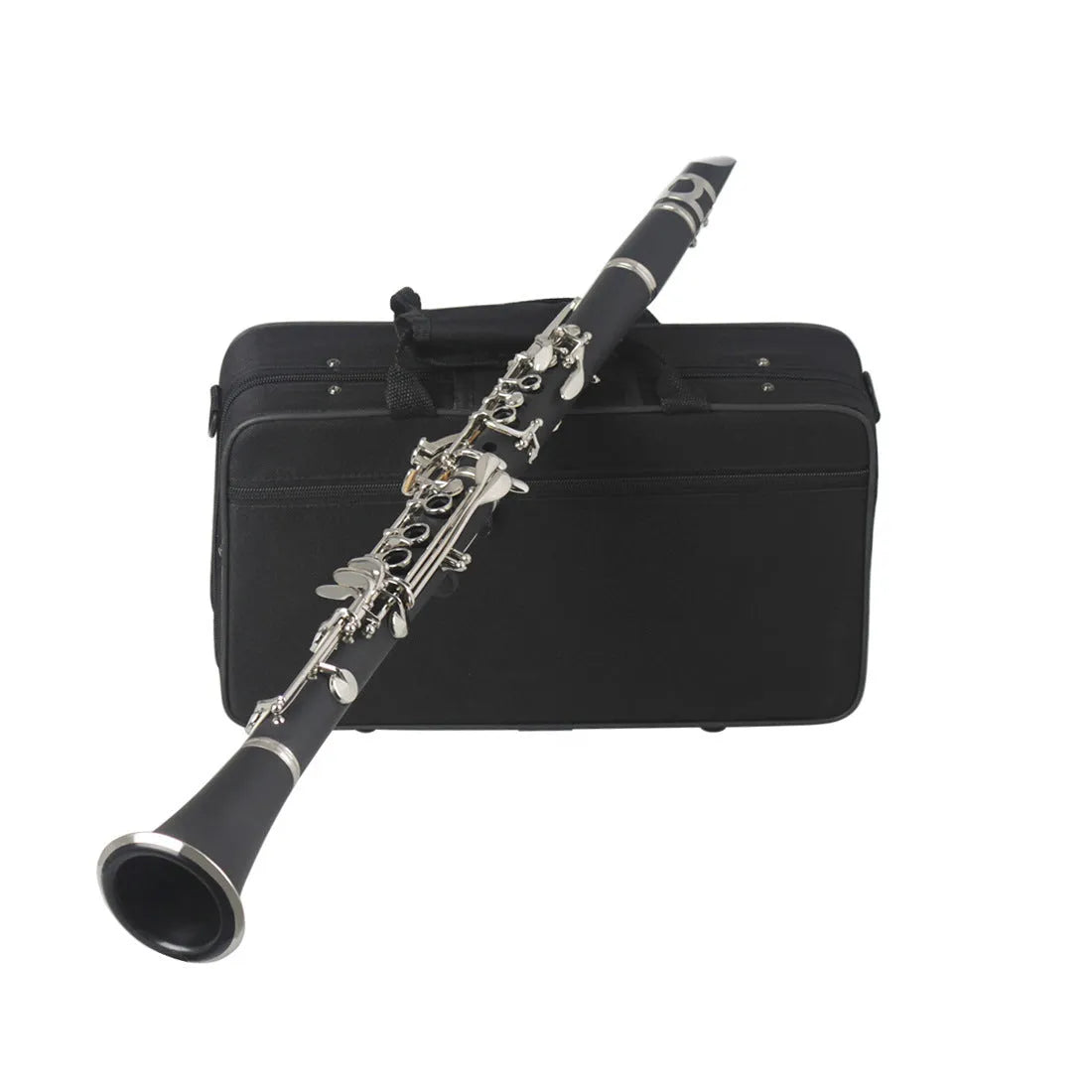 Black Bakelite beginner clarinet with nickel keys and included instrument bag
